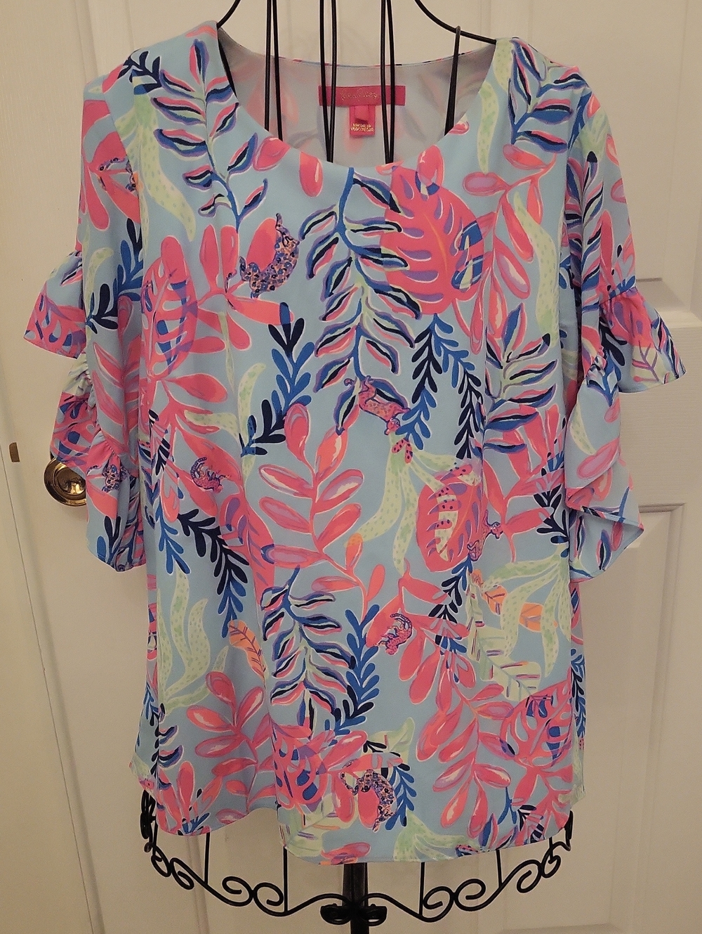 Lilly Pulitzer Pink & Blue Tropical Ruffle-Sleeve Blouse